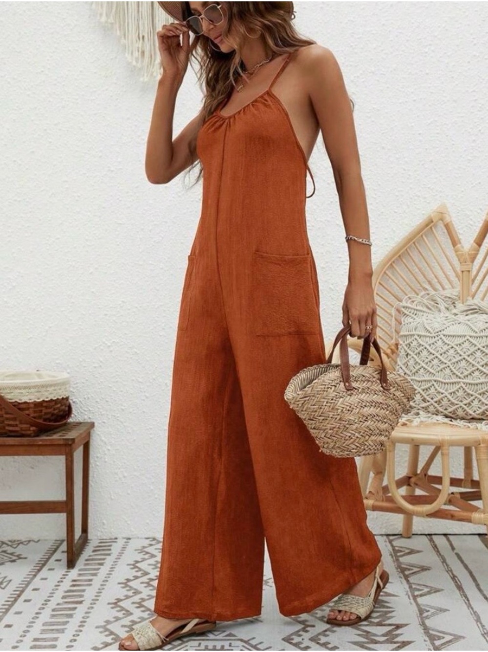 Rust Wide-Leg Spaghetti Strap Jumpsuit - Picture 2 of 3